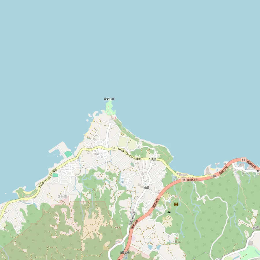 Map of Cape Maeda in Onna Village with the cape, the facility and its stairs, and the Kuraha bus stop on the coast road