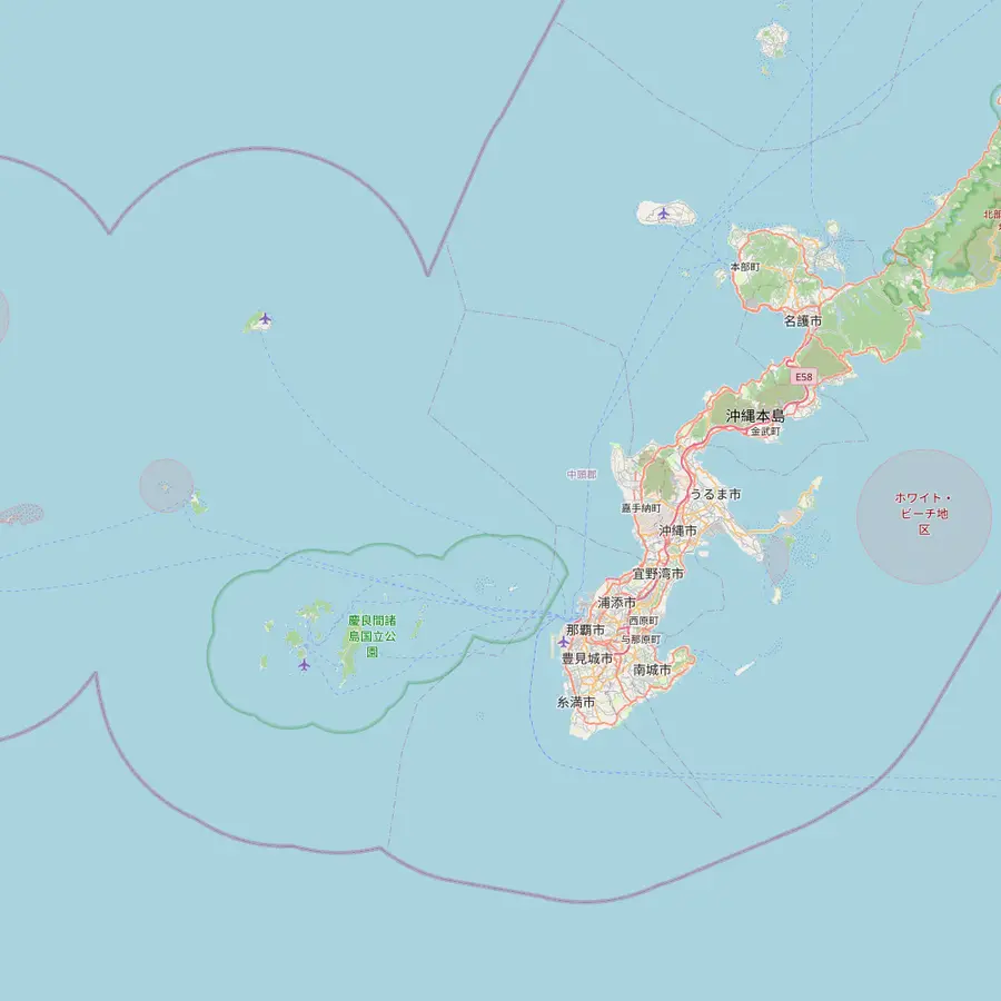 Map of central and southern Okinawa Main Island with Cape Maeda, Sunabe, Naha, Odo Beach and Minna Island, and the Kerama Islands to the west
